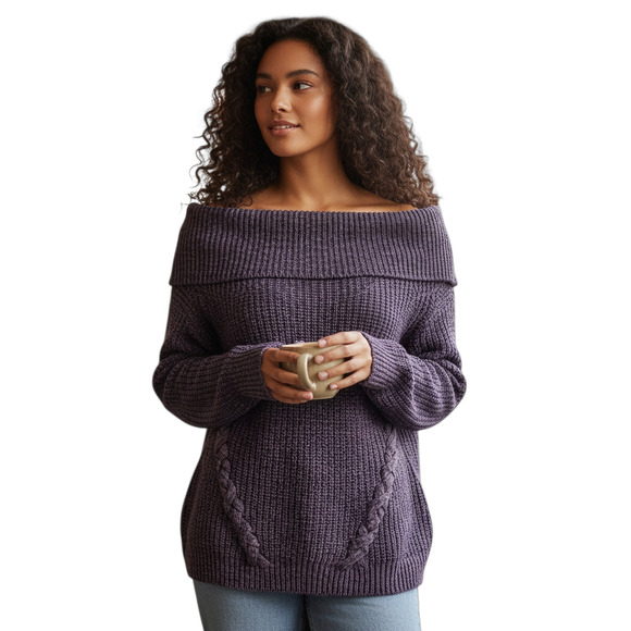 Derek Heart Juniors Sweater Size Large Purple Off Shoulder Cable Knit Cozy Knit - Picture 1 of 8